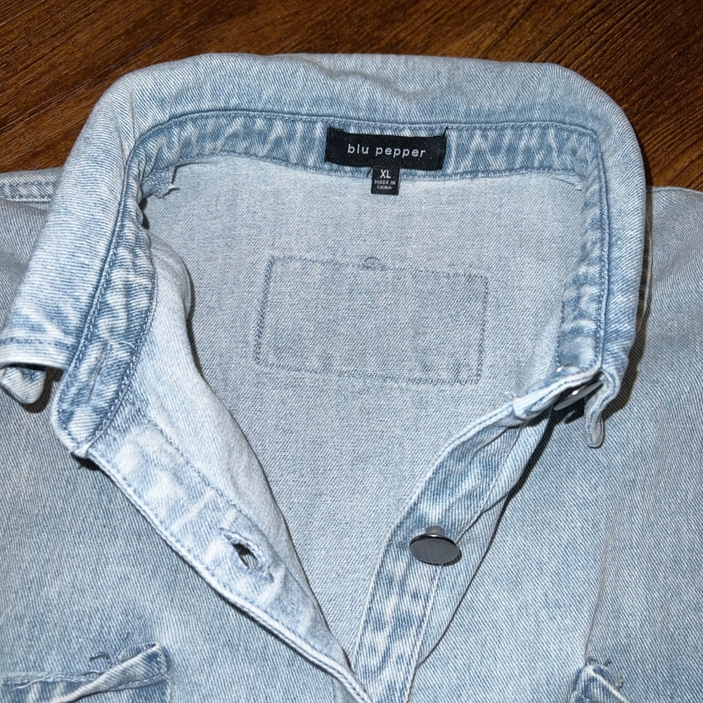 Blu Pepper Oversized Denim Two Tone Knit Sleeve Boho Casual Shacket Size XL - Picture 10 of 11